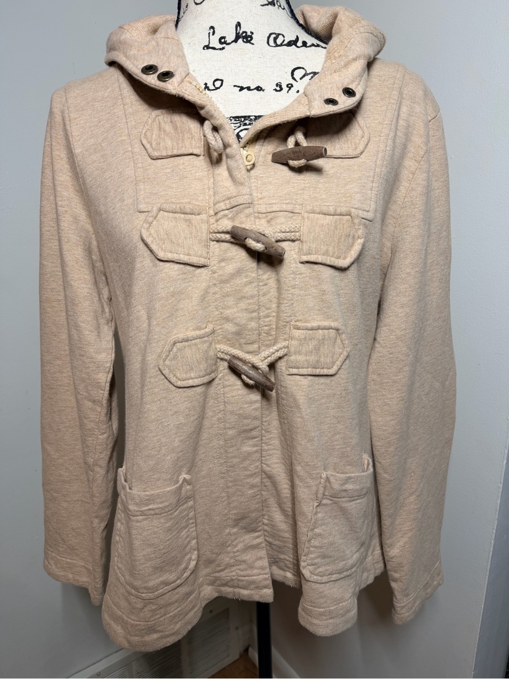 Charter Club 100% Cotton L Hooded Toggle Sweater Jacket Oatmeal Beige Utility